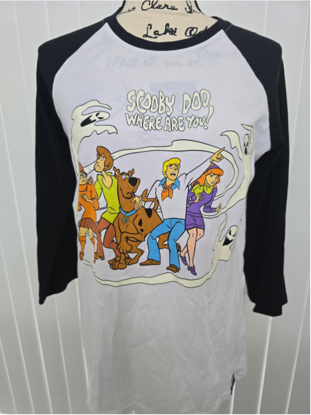Unisex Cakeworthy Scooby-Doo Raglan Sleeve Tee, Size S, White and Black